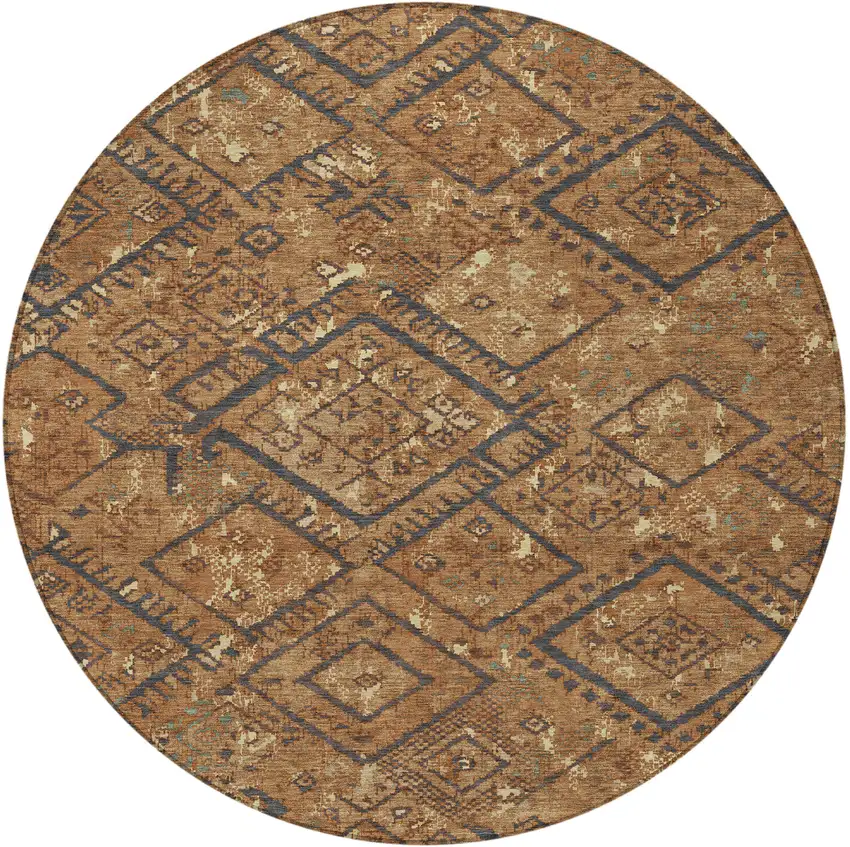 8' Orange And Gold Round Geometric Washable Indoor Outdoor Area Rug Photo 3