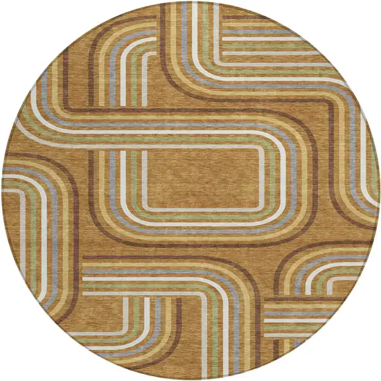 8' Orange And Gold Round Geometric Washable Indoor Outdoor Area Rug Photo 2