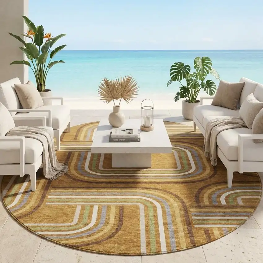 8' Orange And Gold Round Geometric Washable Indoor Outdoor Area Rug Photo 1