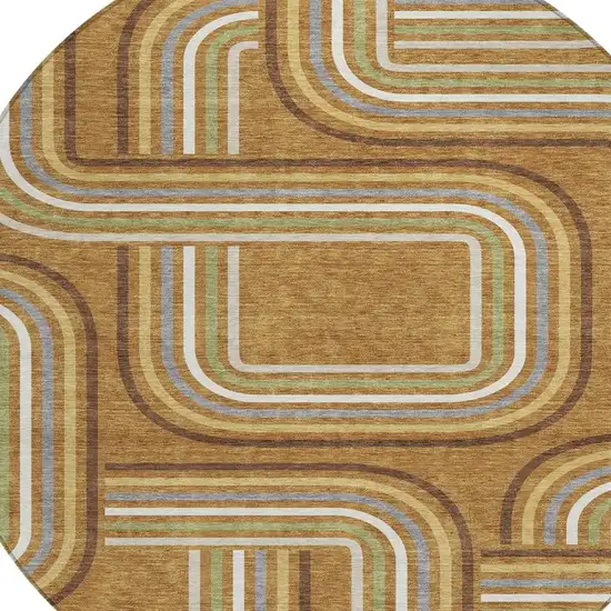 8' Orange And Gold Round Geometric Washable Indoor Outdoor Area Rug Photo 3