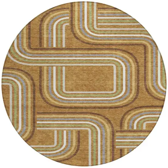 8' Orange And Gold Round Geometric Washable Indoor Outdoor Area Rug Photo 4
