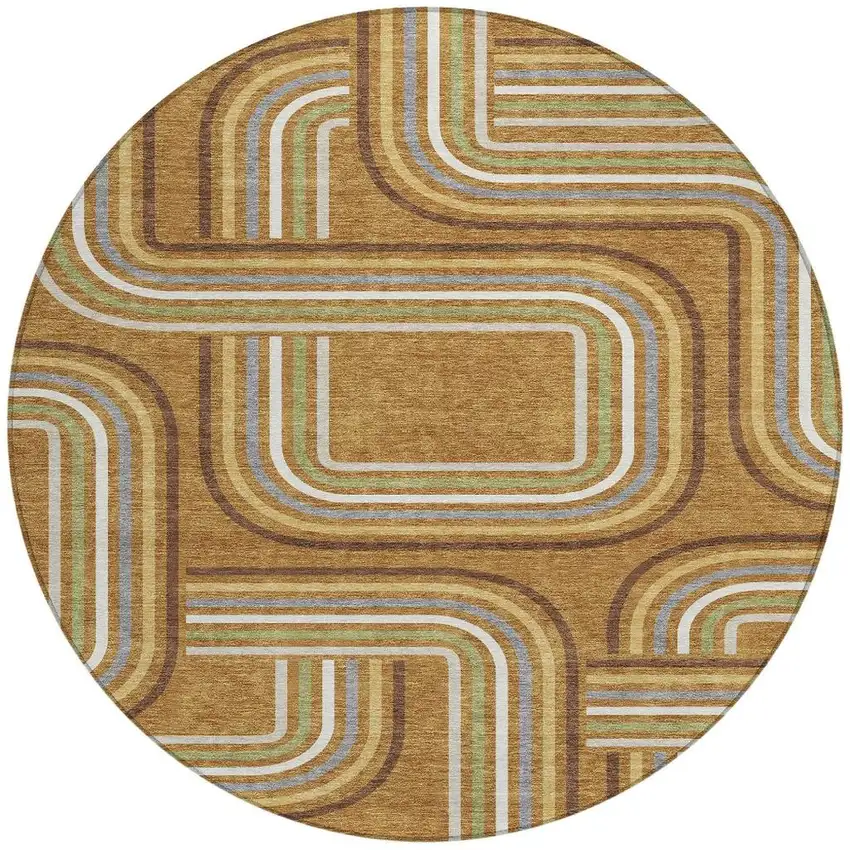 8' Orange And Gold Round Geometric Washable Indoor Outdoor Area Rug Photo 4