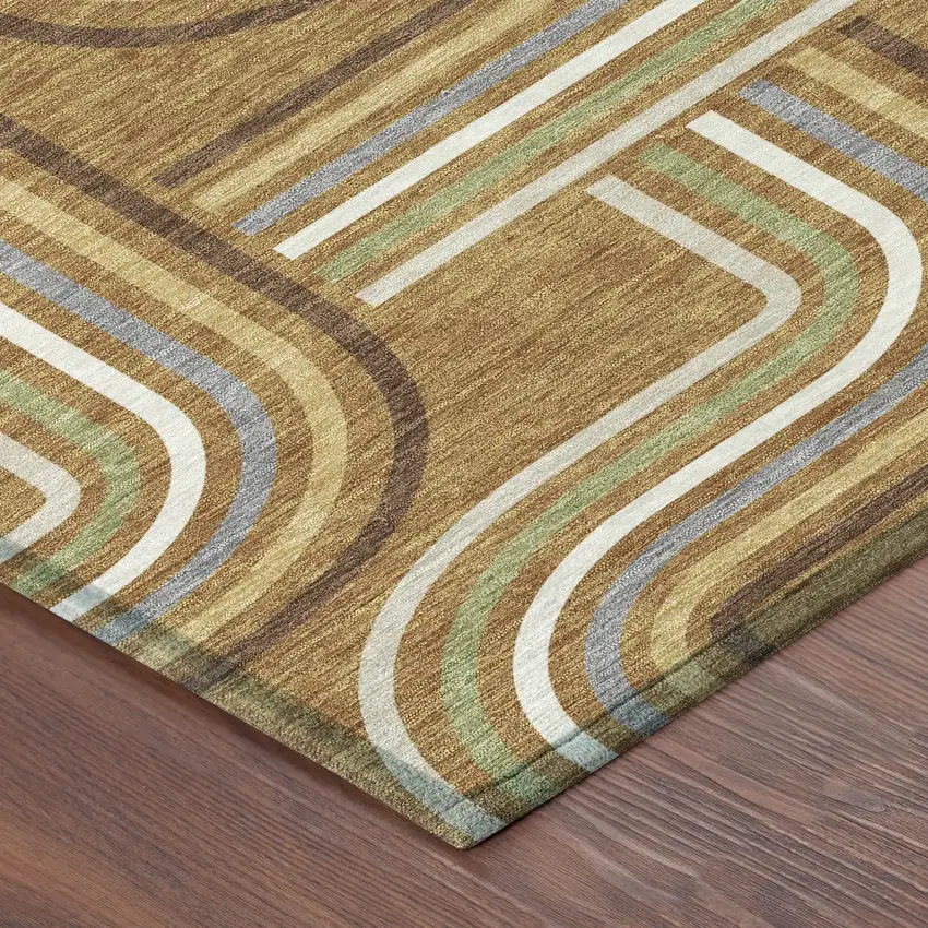 8' Orange And Gold Round Geometric Washable Indoor Outdoor Area Rug Photo 5