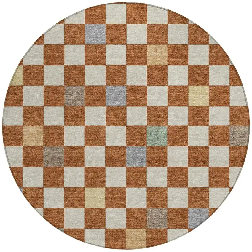 8' Orange And Gold Round Geometric Washable Indoor Outdoor Area Rug Photo 4