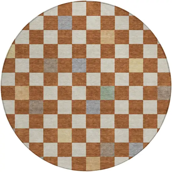 8' Orange And Gold Round Geometric Washable Indoor Outdoor Area Rug Photo 3