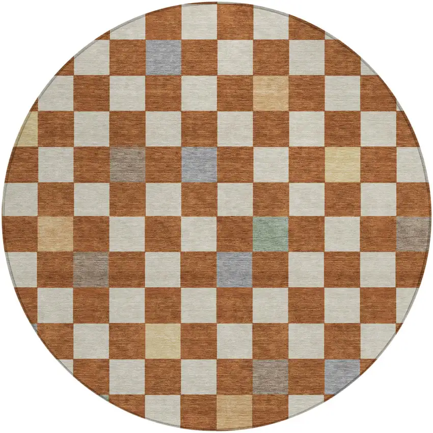8' Orange And Gold Round Geometric Washable Indoor Outdoor Area Rug Photo 3