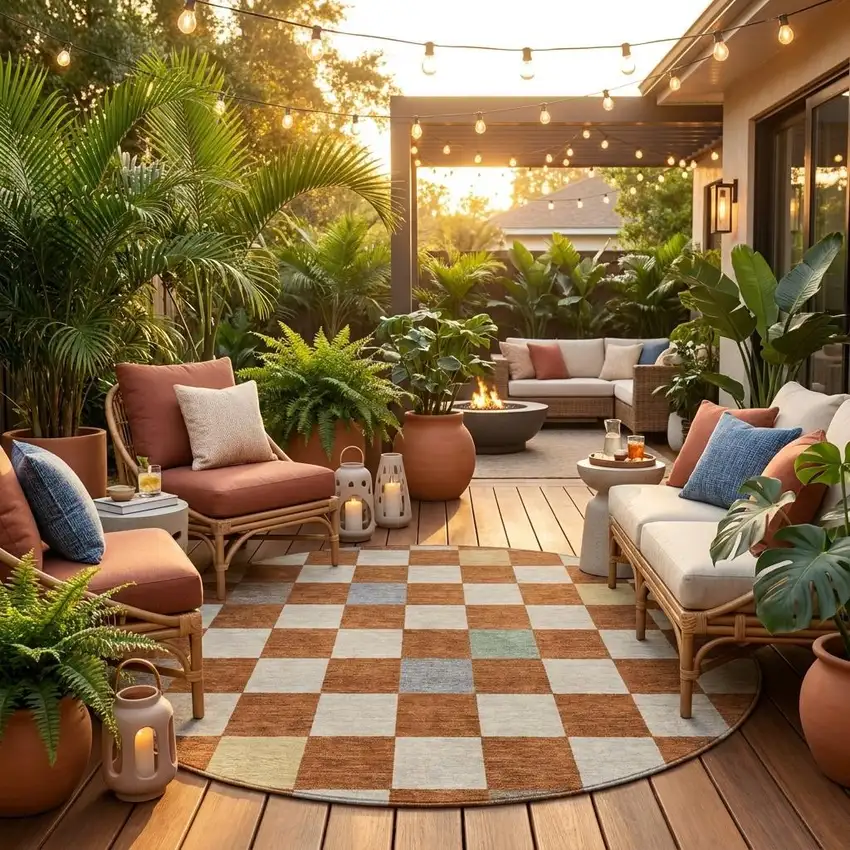 8' Orange And Gold Round Geometric Washable Indoor Outdoor Area Rug Photo 1