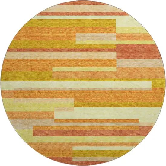8' Orange And Gold Striped Washable Round Rug With UV Protection Photo 1