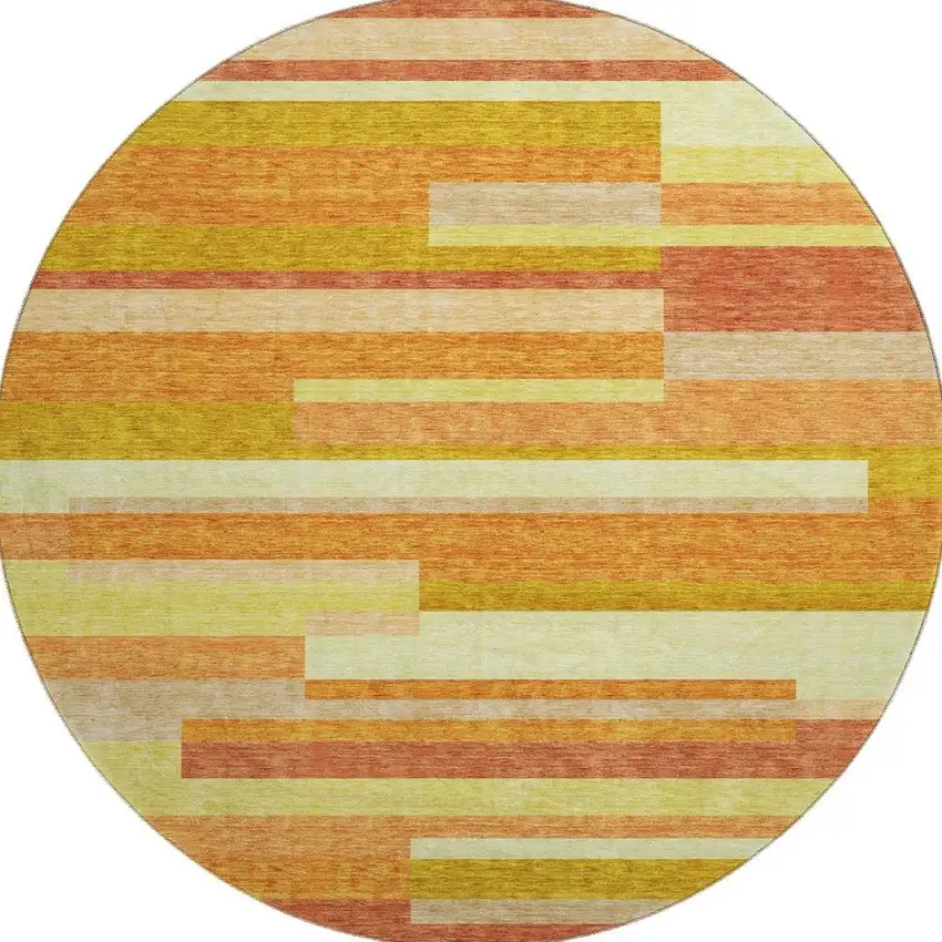 8' Orange And Gold Striped Washable Round Rug With UV Protection Photo 4
