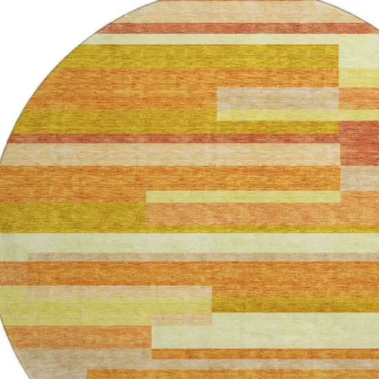 8' Orange And Gold Striped Washable Round Rug With UV Protection Photo 3
