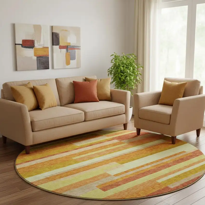 8' Orange And Gold Striped Washable Round Rug With UV Protection Photo 1