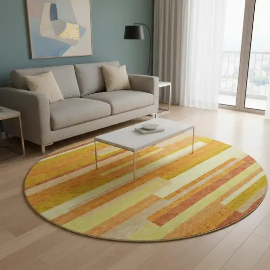 8' Orange And Gold Striped Washable Round Rug With UV Protection Photo 2