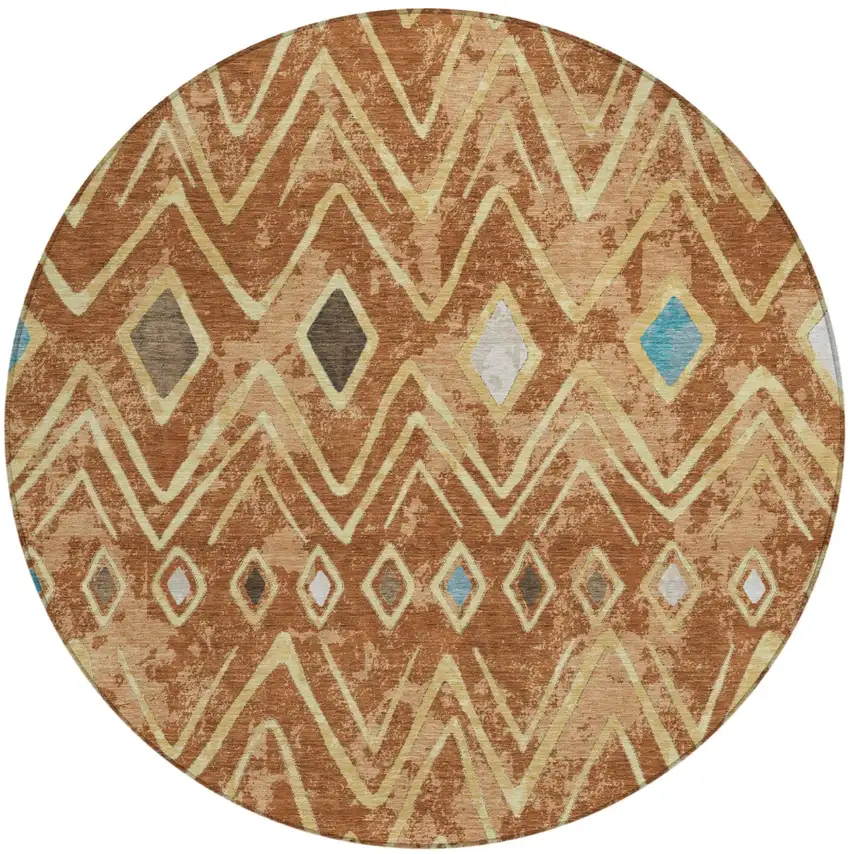 8' Orange And Graphite Round Geometric Washable Indoor Outdoor Area Rug Photo 2