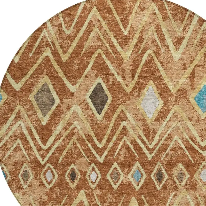 8' Orange And Graphite Round Geometric Washable Indoor Outdoor Area Rug Photo 3
