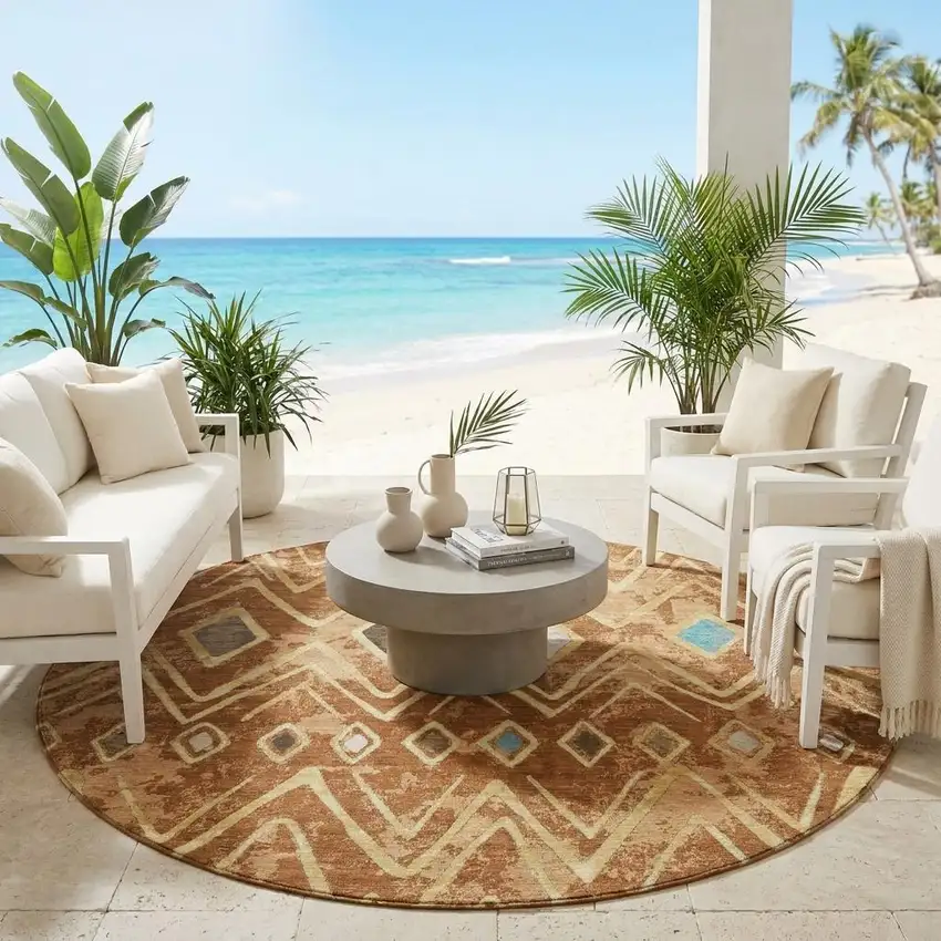 8' Orange And Graphite Round Geometric Washable Indoor Outdoor Area Rug Photo 1