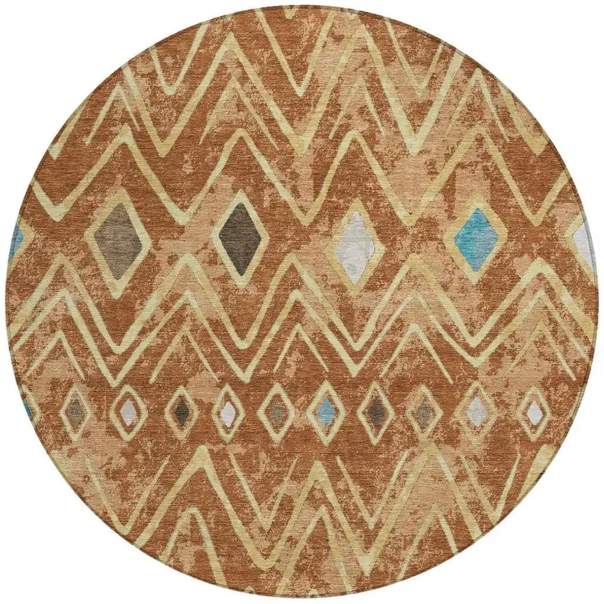 8' Orange And Graphite Round Geometric Washable Indoor Outdoor Area Rug Photo 4