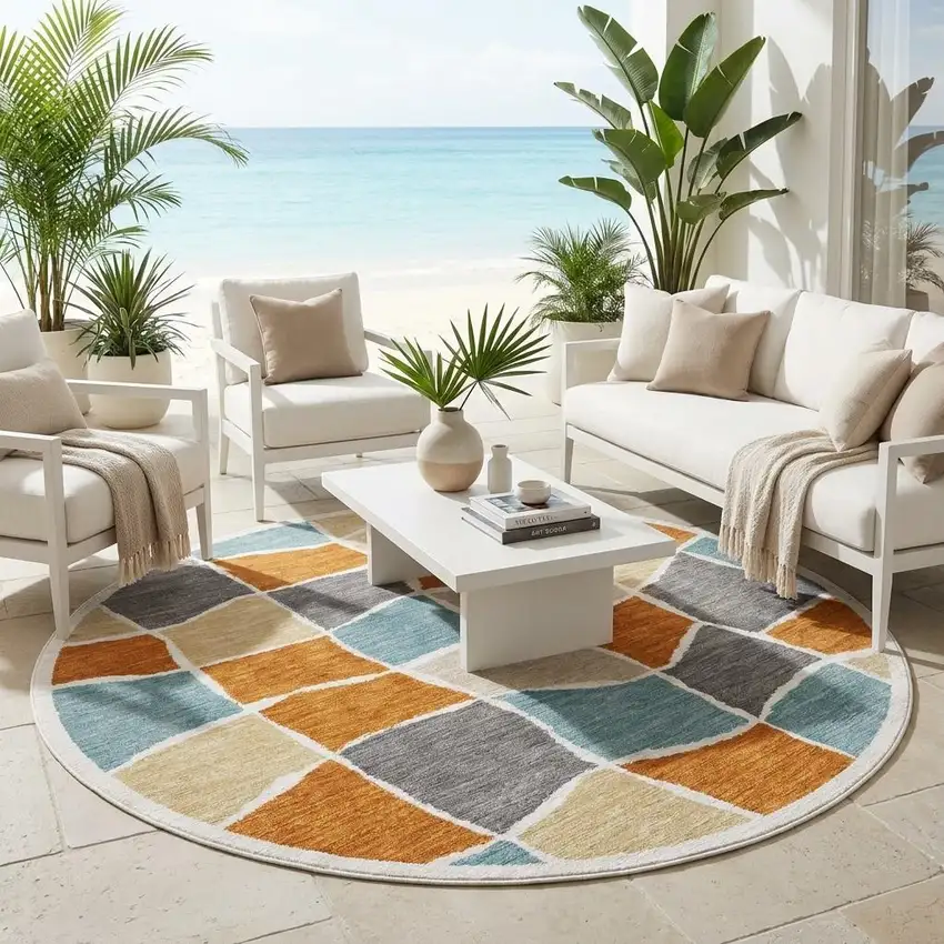 8' Orange And Graphite Round Geometric Washable Indoor Outdoor Area Rug Photo 1