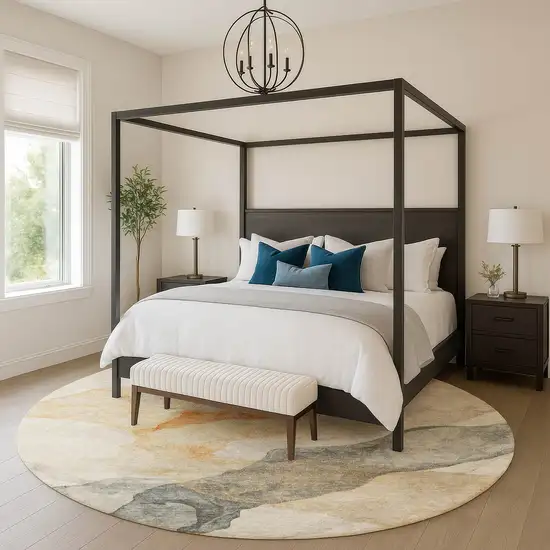 8' Orange And Gray Abstract Washable Round Rug With UV Protection Photo 5