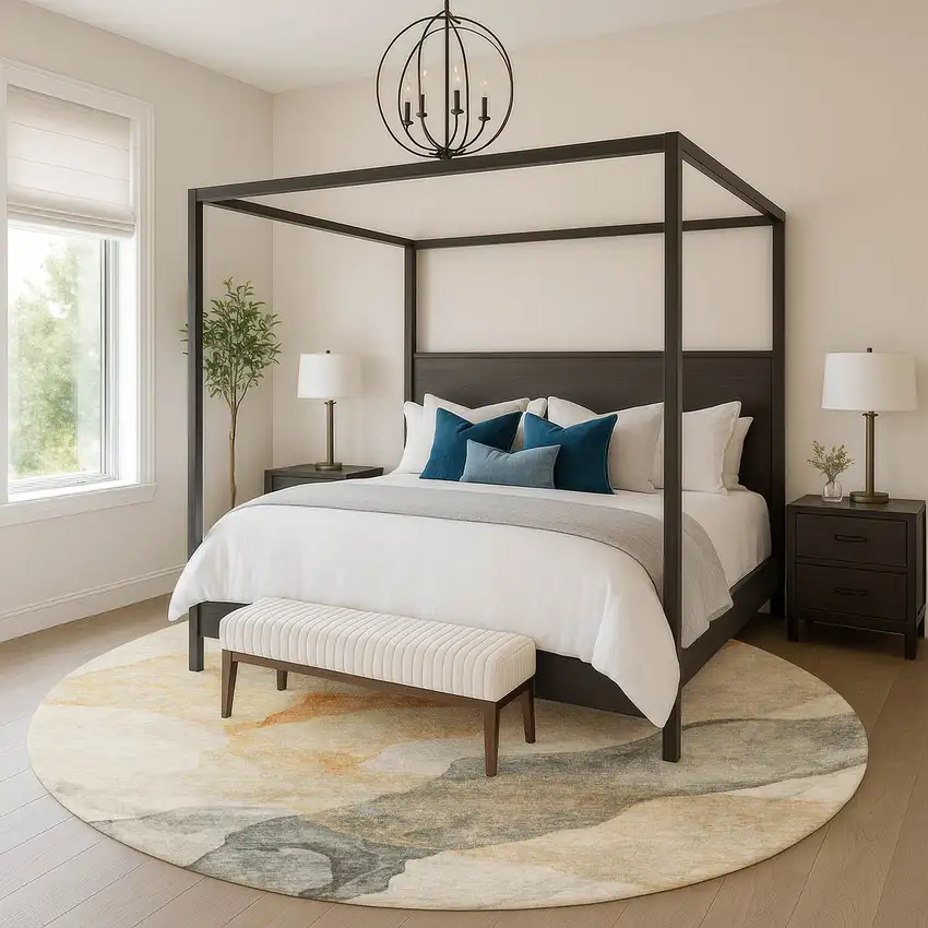 8' Orange And Gray Abstract Washable Round Rug With UV Protection Photo 5