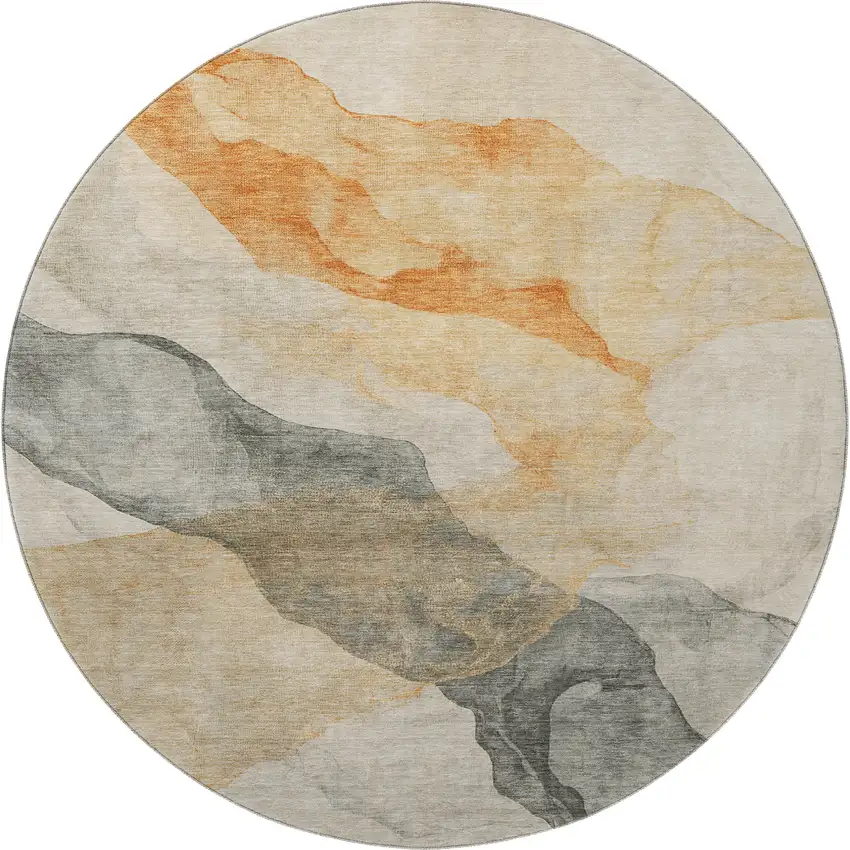 8' Orange And Gray Abstract Washable Round Rug With UV Protection Photo 4