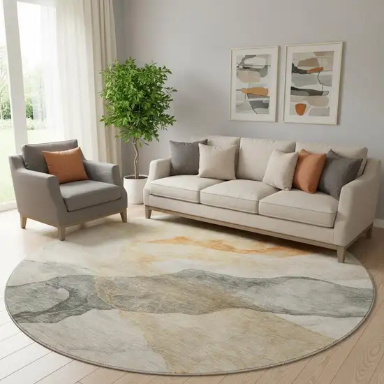 8' Orange And Gray Abstract Washable Round Rug With UV Protection Photo 2