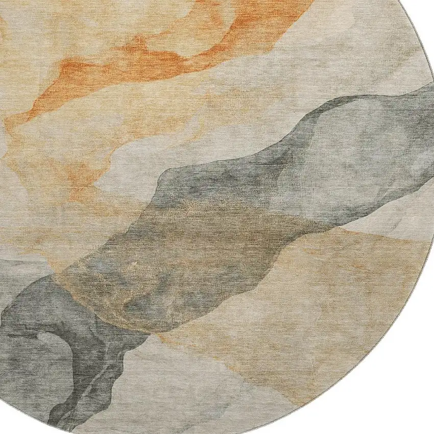 8' Orange And Gray Abstract Washable Round Rug With UV Protection Photo 3