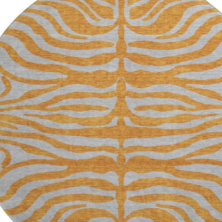 8' Orange And Gray Animal Print Washable Round Rug With UV Protection Photo 2
