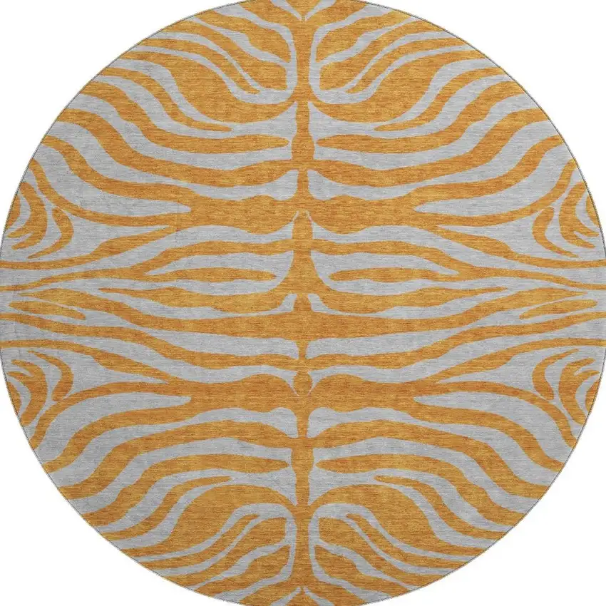 8' Orange And Gray Animal Print Washable Round Rug With UV Protection Photo 3