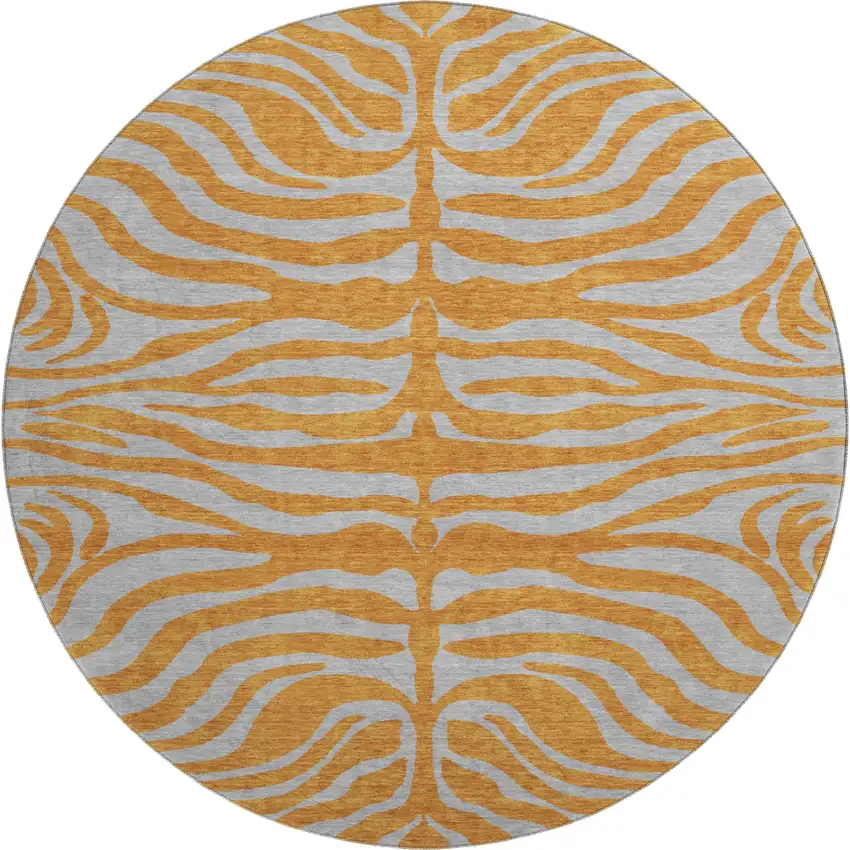 8' Orange And Gray Animal Print Washable Round Rug With UV Protection Photo 1