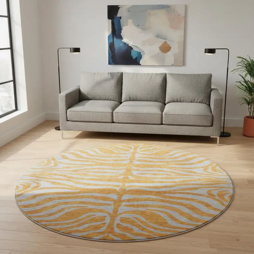 8' Orange And Gray Animal Print Washable Round Rug With UV Protection Photo 2