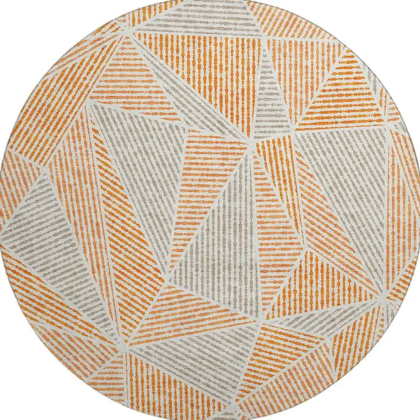 8' Orange And Gray Geometric Washable Round Rug With UV Protection Photo 3