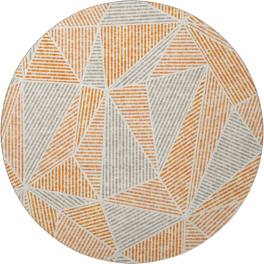 8' Orange And Gray Geometric Washable Round Rug With UV Protection Photo 4