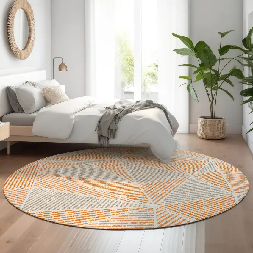 8' Orange And Gray Geometric Washable Round Rug With UV Protection Photo 5