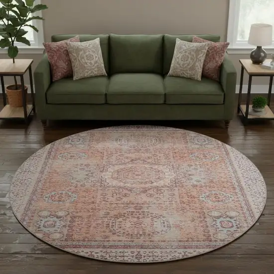 8' Orange And Gray Oriental Washable Round Rug With UV Protection Photo 2