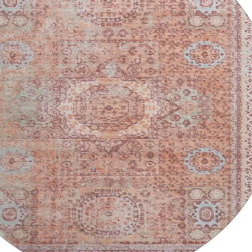 8' Orange And Gray Oriental Washable Round Rug With UV Protection Photo 2