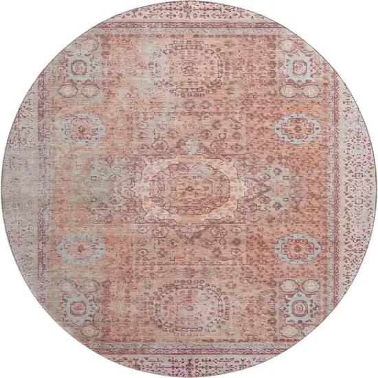 8' Orange And Gray Oriental Washable Round Rug With UV Protection Photo 1