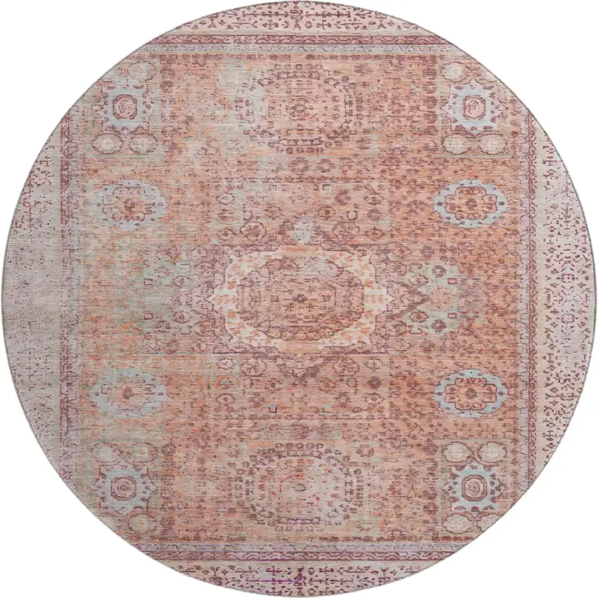 8' Orange And Gray Oriental Washable Round Rug With UV Protection Photo 1
