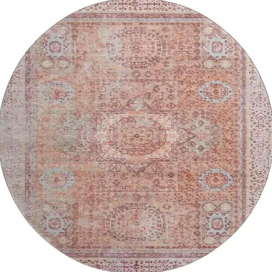 8' Orange And Gray Oriental Washable Round Rug With UV Protection Photo 3