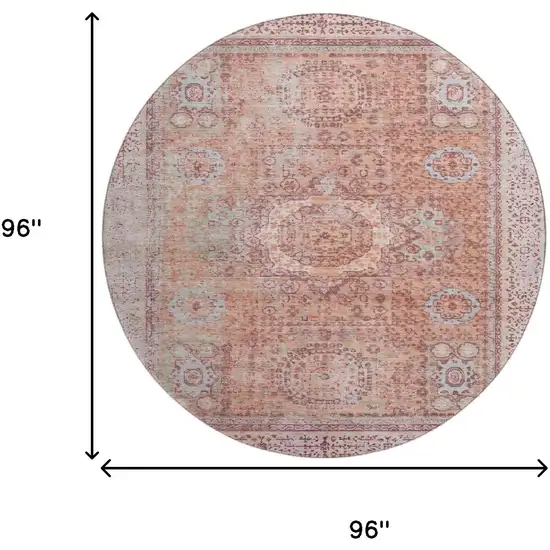 8' Orange And Gray Oriental Washable Round Rug With UV Protection Photo 9