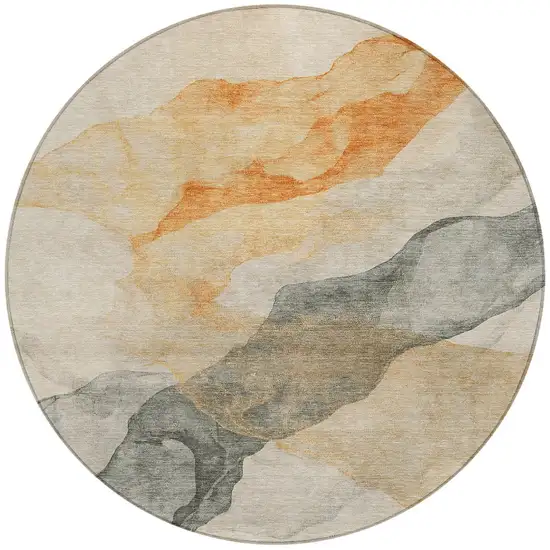 8' Orange And Gray Round Abstract Washable Indoor Outdoor Area Rug Photo 3