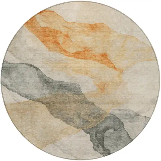 8' Orange And Gray Round Abstract Washable Indoor Outdoor Area Rug Photo 4