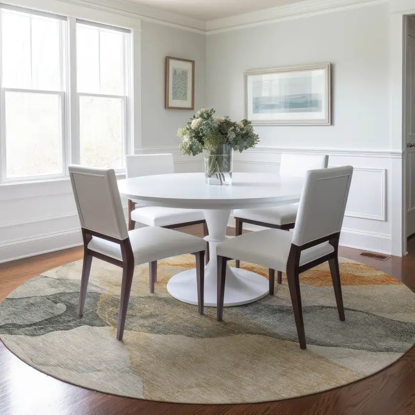 8' Orange And Gray Round Abstract Washable Indoor Outdoor Area Rug Photo 6