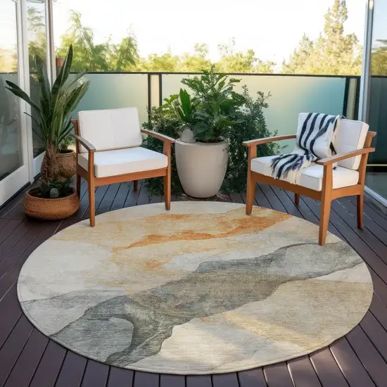 8' Orange And Gray Round Abstract Washable Indoor Outdoor Area Rug Photo 5