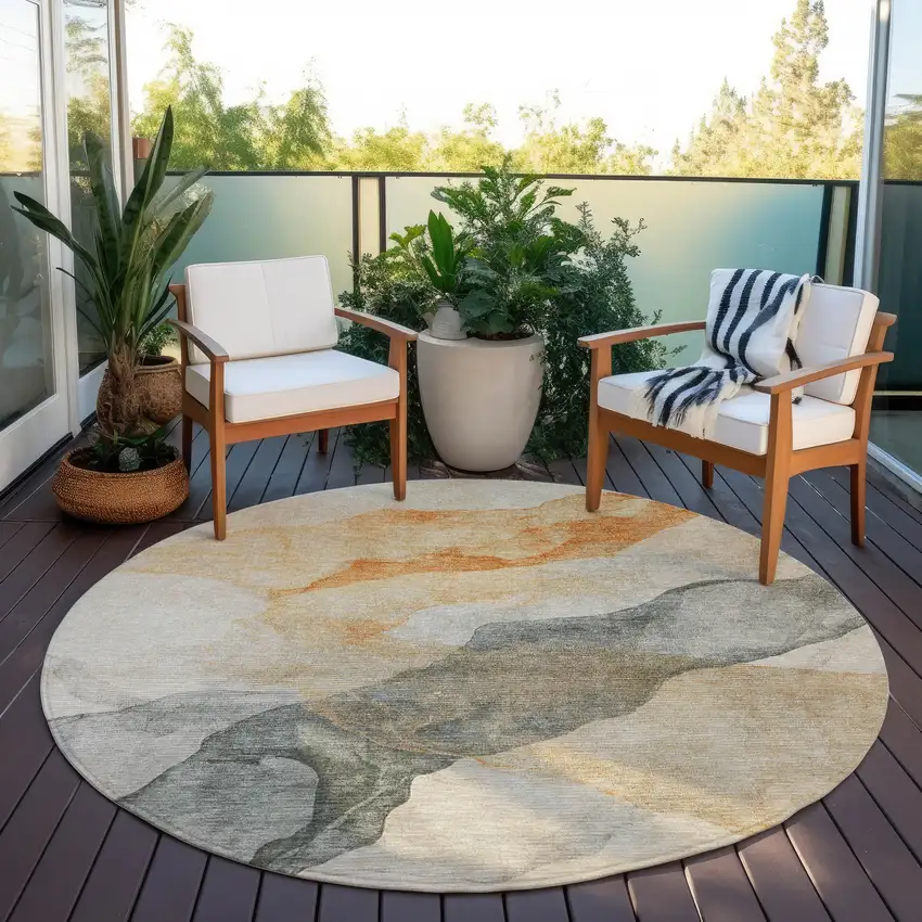 8' Orange And Gray Round Abstract Washable Indoor Outdoor Area Rug Photo 5