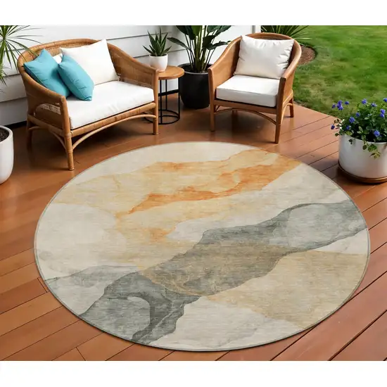 8' Orange And Gray Round Abstract Washable Indoor Outdoor Area Rug Photo 2
