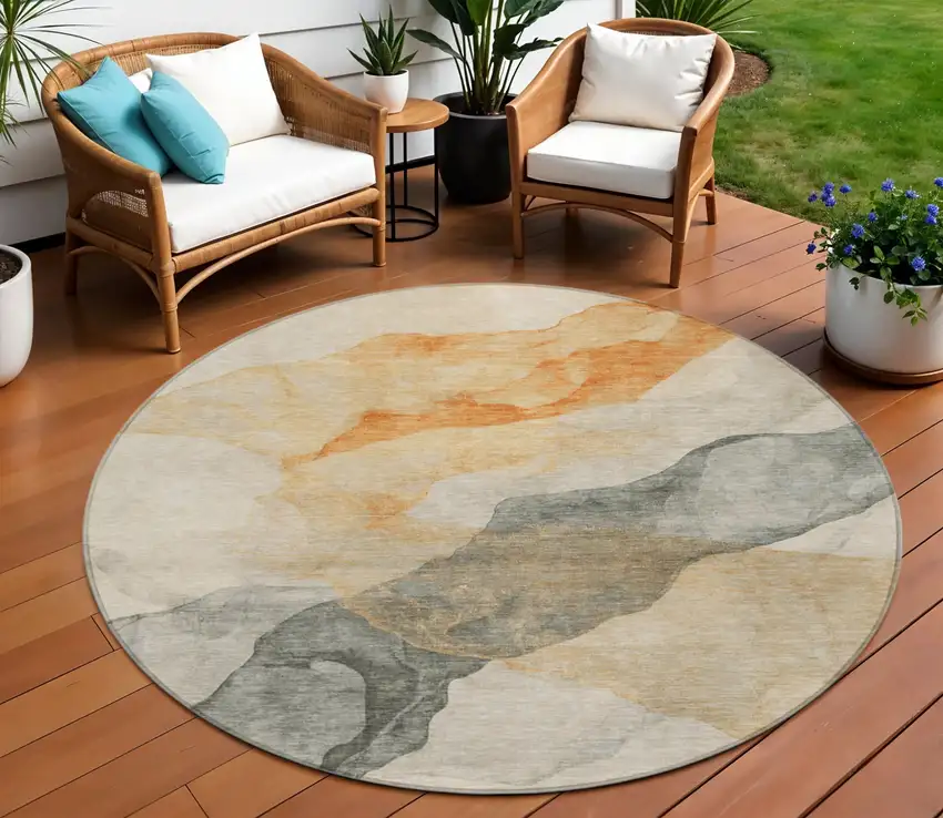 8' Orange And Gray Round Abstract Washable Indoor Outdoor Area Rug Photo 2