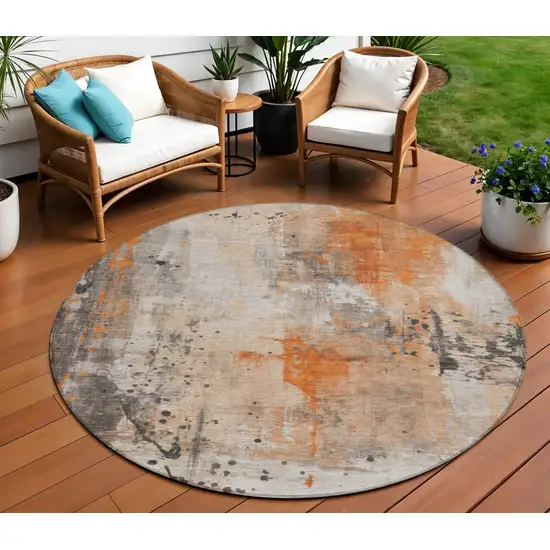 8' Orange And Gray Round Abstract Washable Indoor Outdoor Area Rug Photo 2