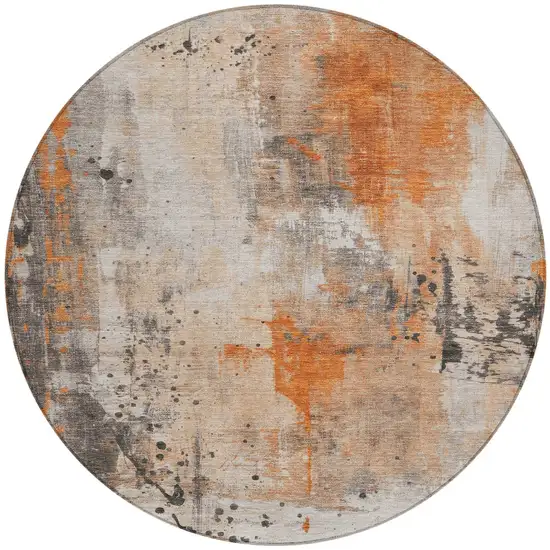 8' Orange And Gray Round Abstract Washable Indoor Outdoor Area Rug Photo 3