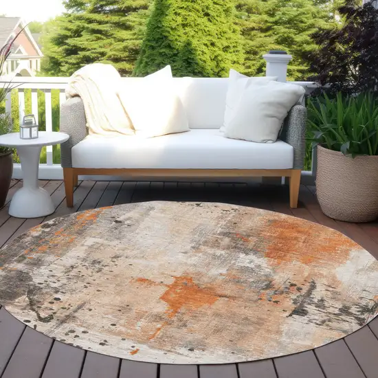 8' Orange And Gray Round Abstract Washable Indoor Outdoor Area Rug Photo 6