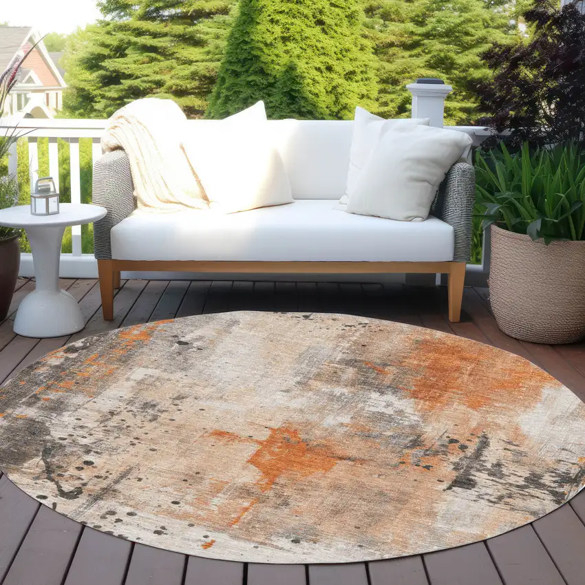 8' Orange And Gray Round Abstract Washable Indoor Outdoor Area Rug Photo 6